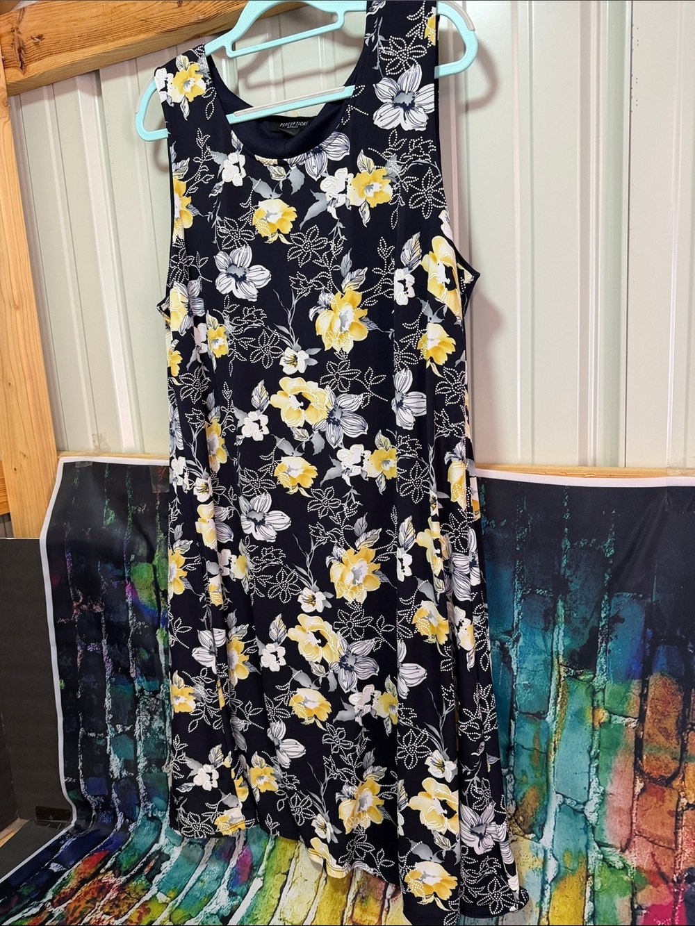 Perceptions Navy Floral Midi Dress with Yellow & White Blooms plus size